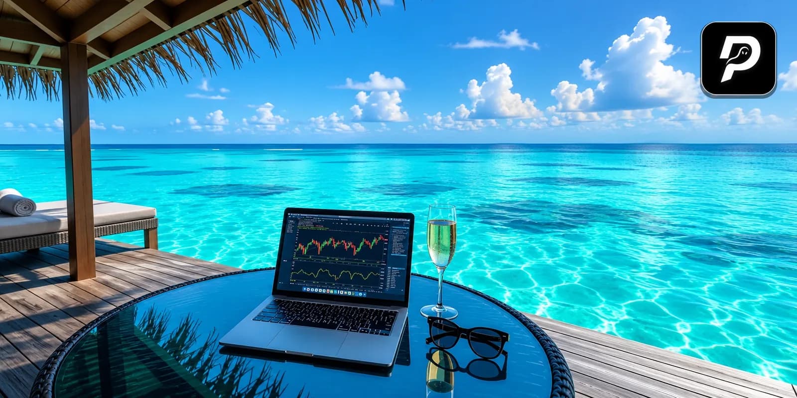 A laptop with a trading chart on a table by the sea, with the PocketPhantom logo.